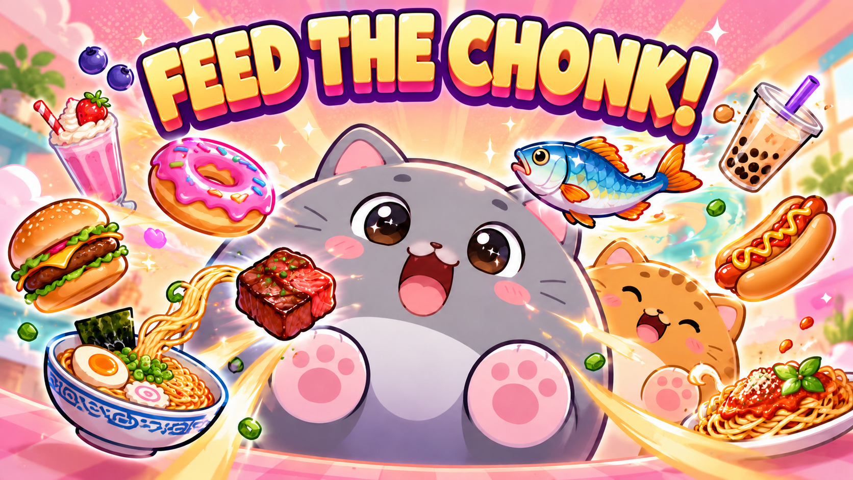 Feed the Chonk! — Grey Chonk and friends surrounded by yummy food